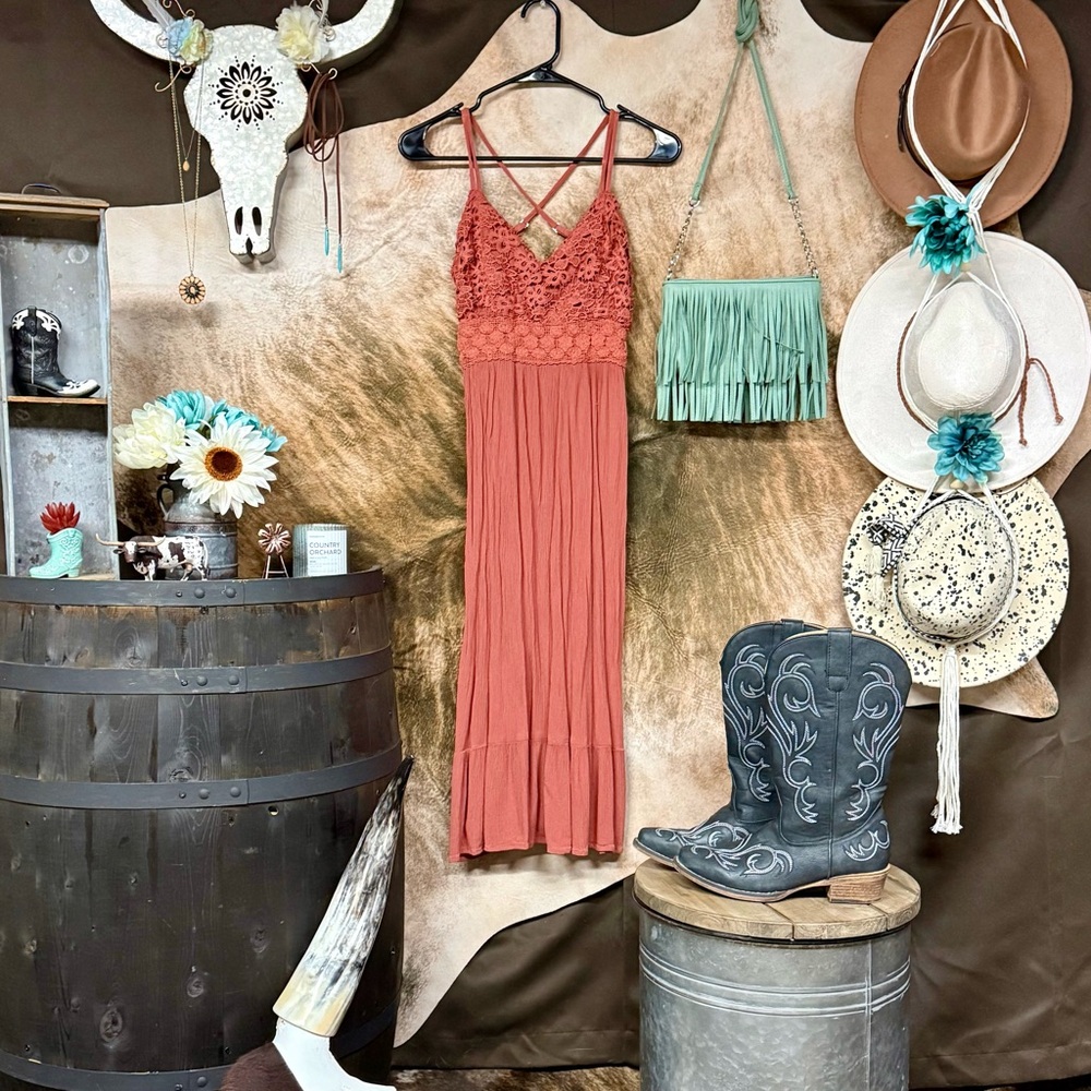 Rust Maxi Dress with Lace Detail